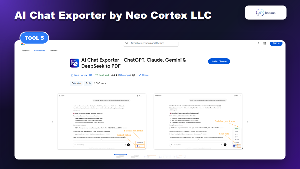Chrome Web Store page for AI Chat Exporter by Neo Cortex LLC