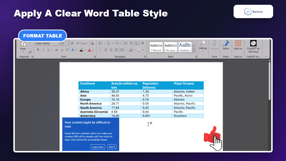 Formatted Microsoft Word table with blue header and alternating rows