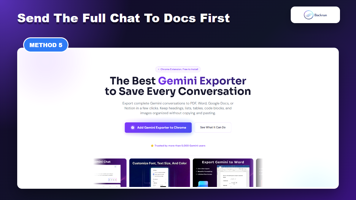 Backrun Gemini Exporter page showing export support for Gemini conversations to Google Docs and other formats