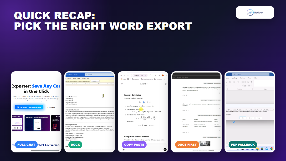 Backrun recap comparing five ChatGPT to Word export workflows