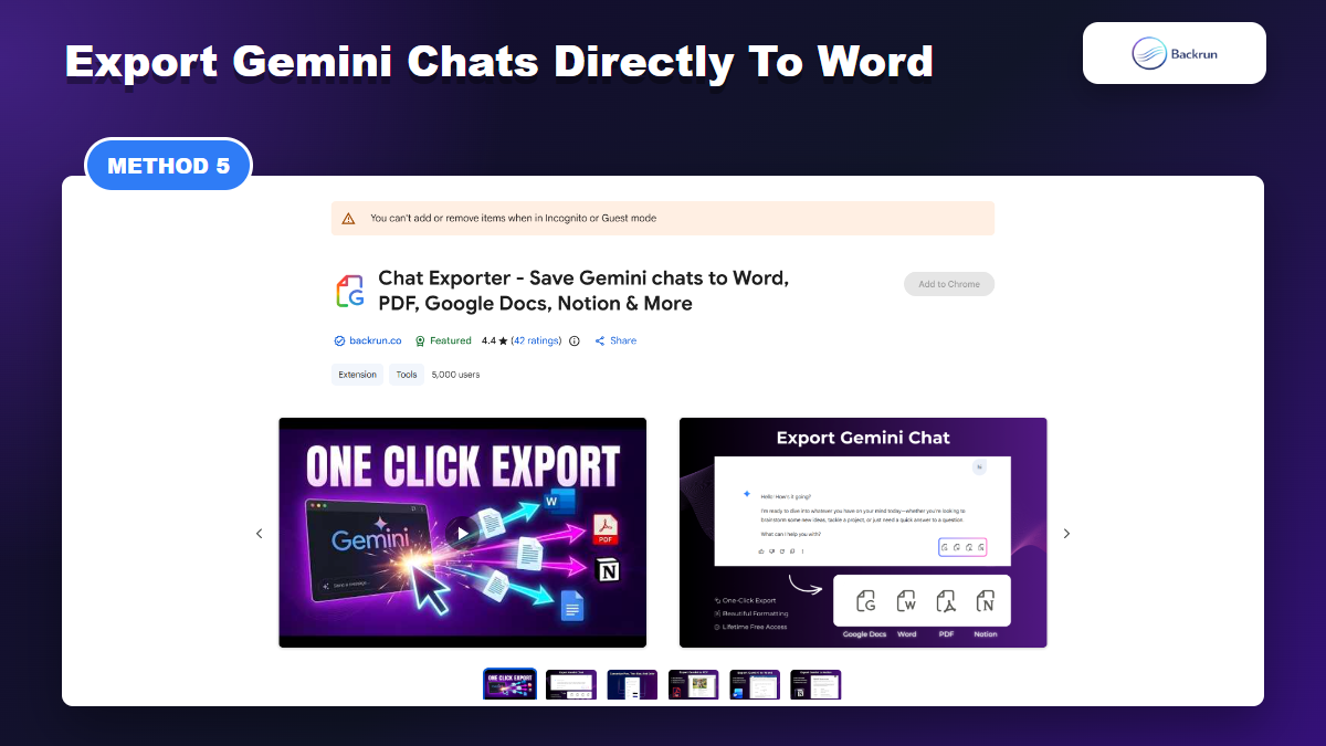 Chat Exporter Chrome extension page for saving Gemini chats to Microsoft Word