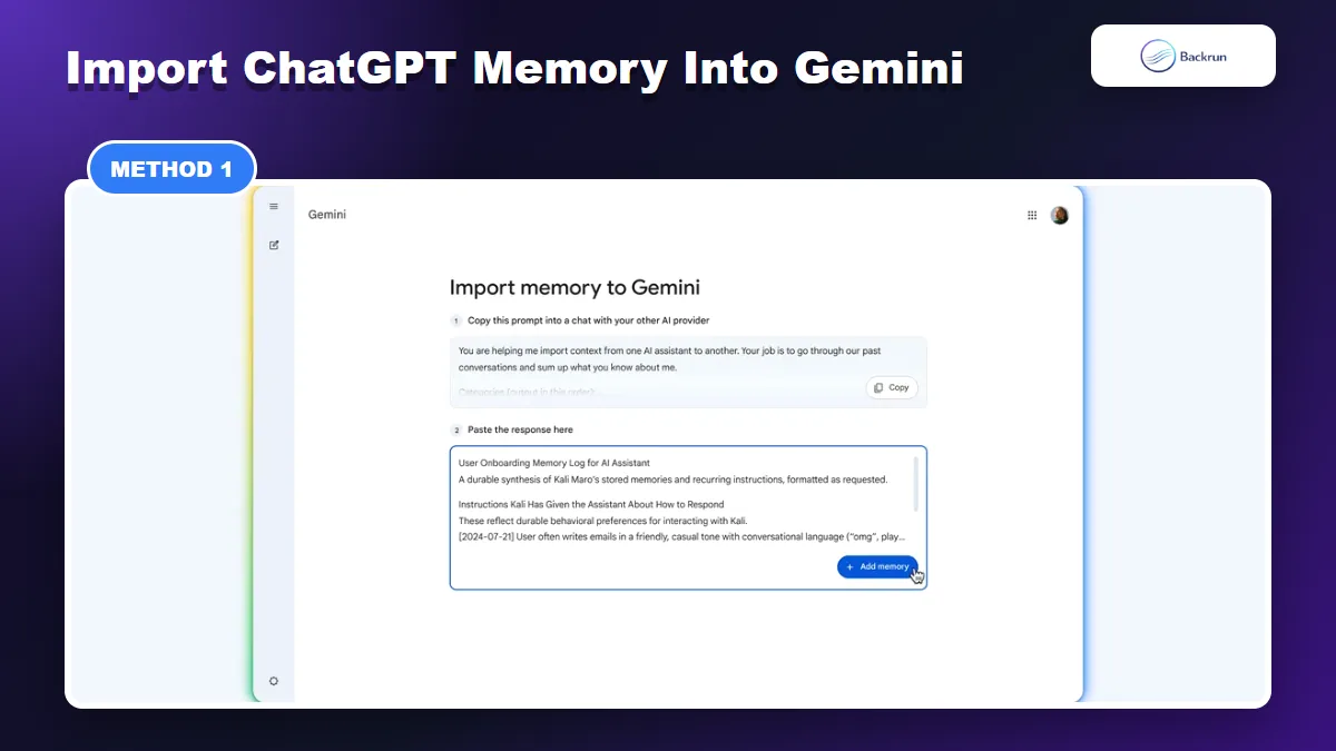 Gemini Import memory screen with prompt and Add memory button