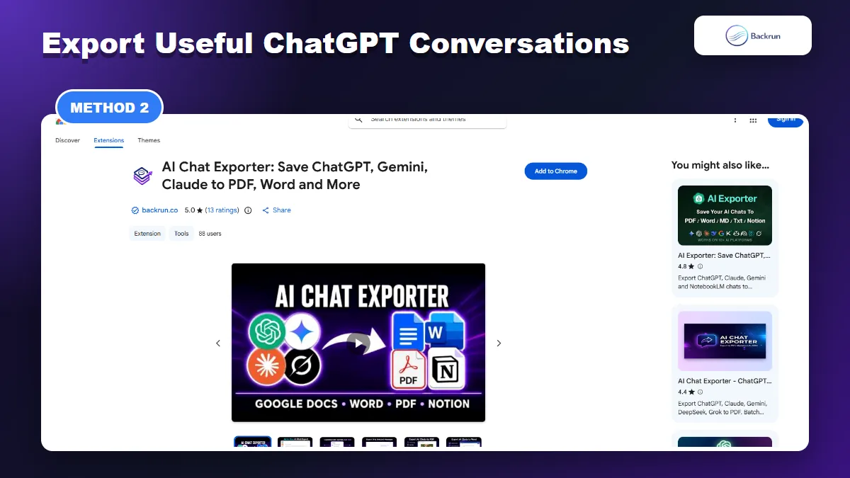 Chrome Web Store listing for AI Chat Exporter by Backrun