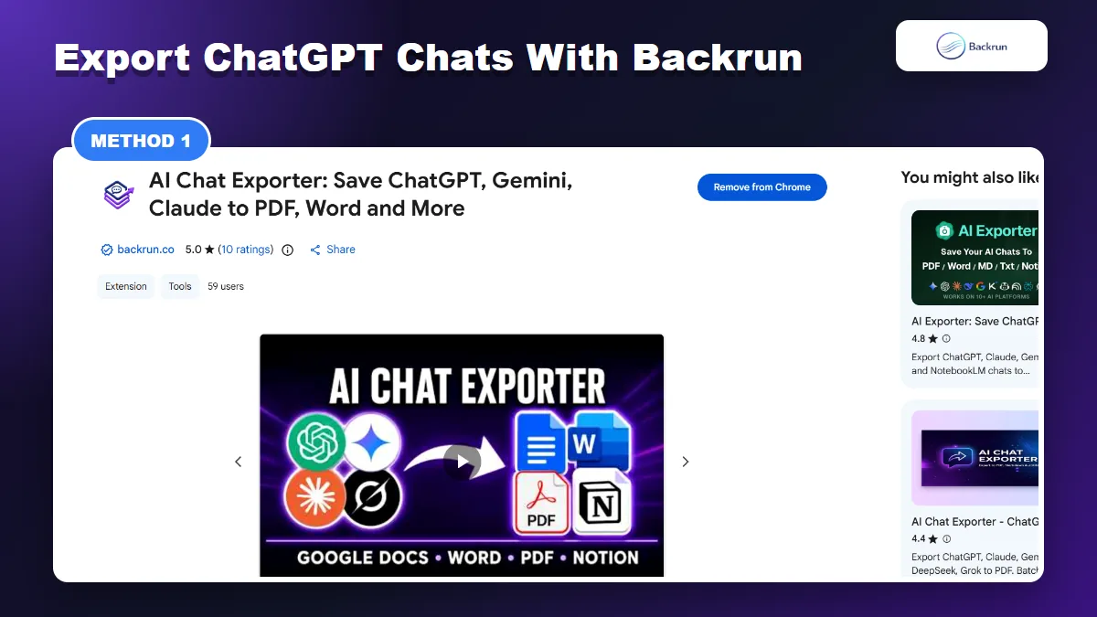AI Chat Exporter by Backrun Chrome Web Store page for exporting ChatGPT conversations