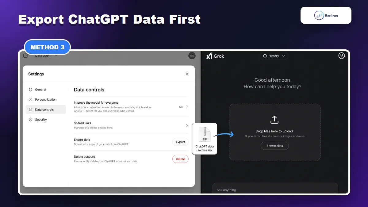 ChatGPT data controls export shown beside a Grok file upload area