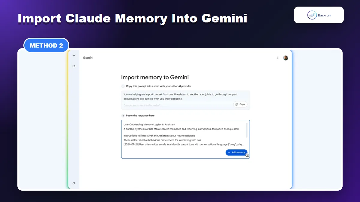 Gemini Import memory screen with prompt and Add memory button