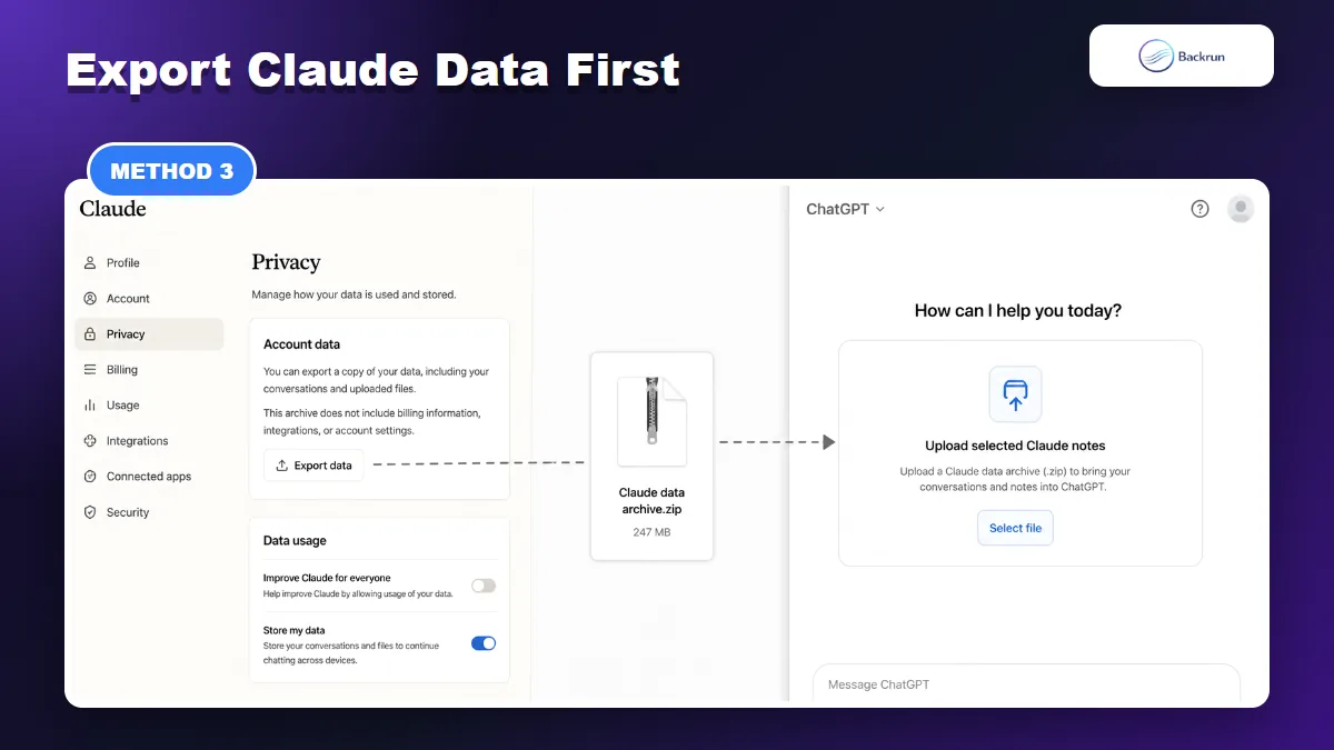 Claude data export shown beside a ChatGPT upload area