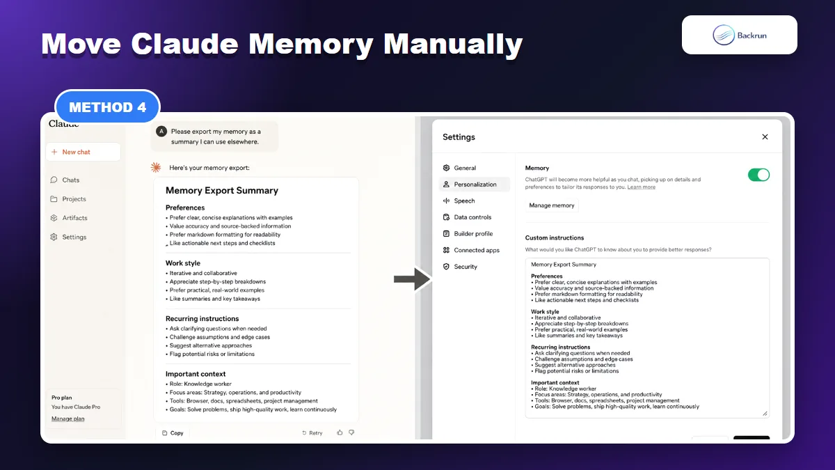 Claude memory export summary copied into ChatGPT custom instructions