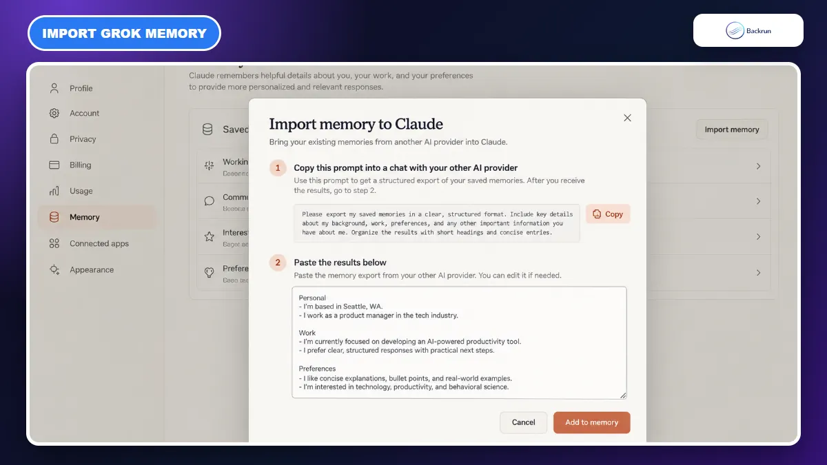 Claude Import memory interface for another AI provider