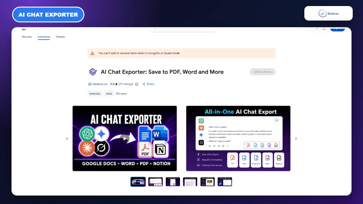 AI Chat Exporter Chrome Web Store listing