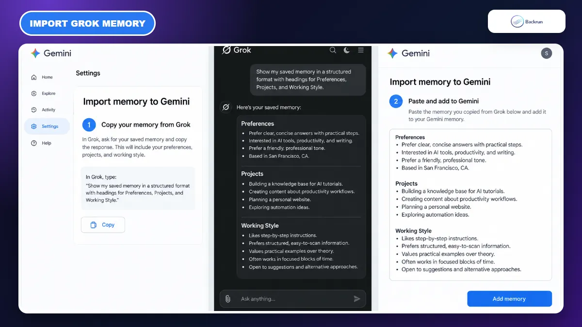 Gemini memory import workflow using a structured response from Grok