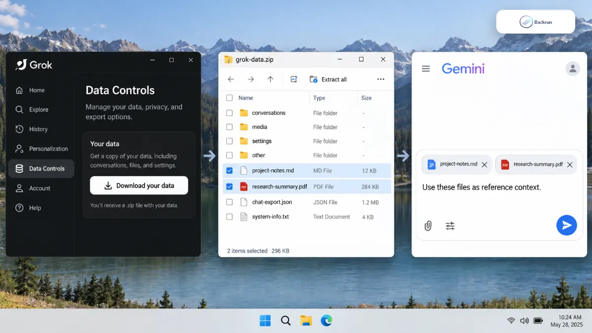 Grok Data Controls archive with selected files attached to Google Gemini