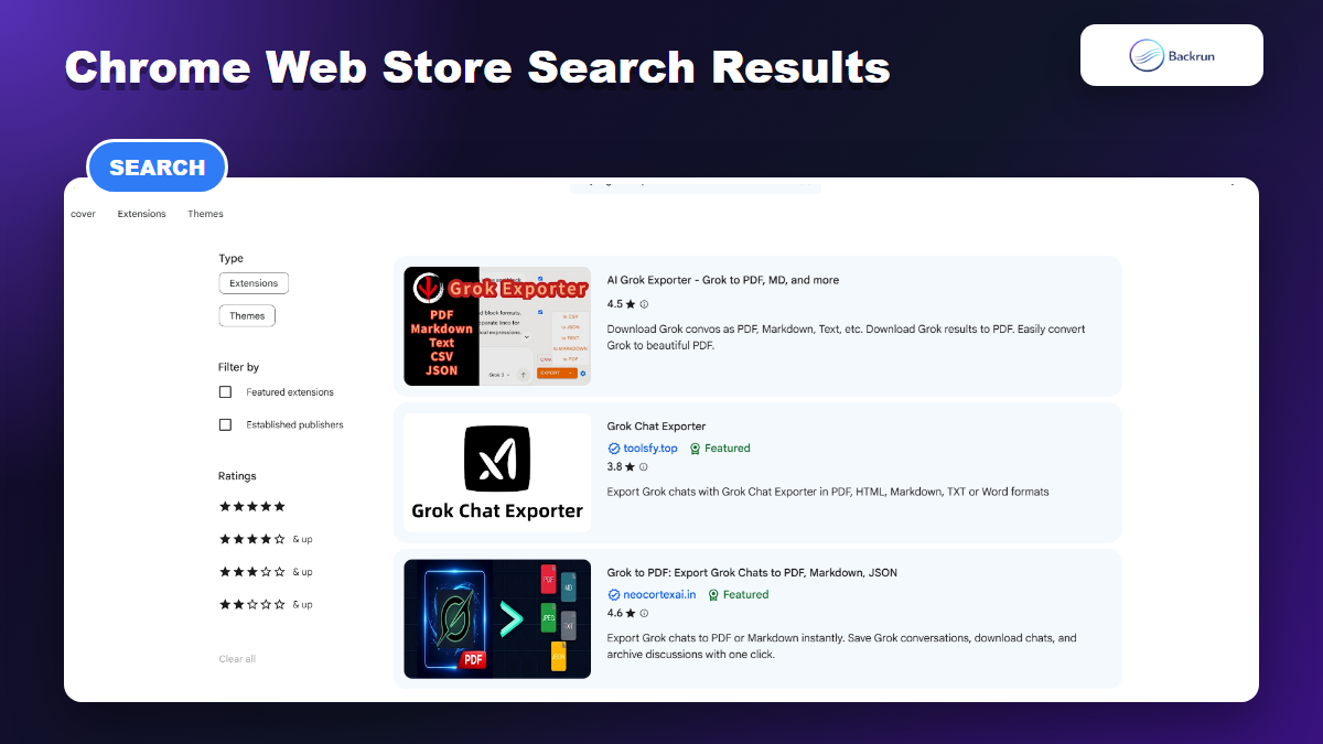 Chrome Web Store search results for grok exporter extensions