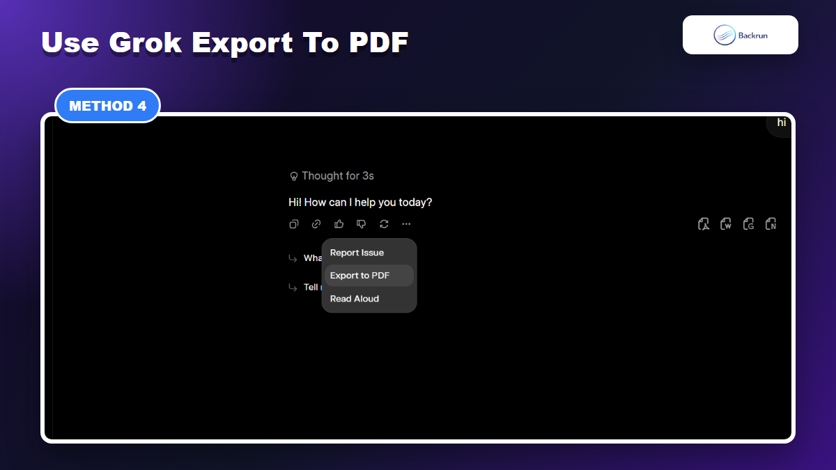 Grok menu showing the built-in Export to PDF option for a single answer