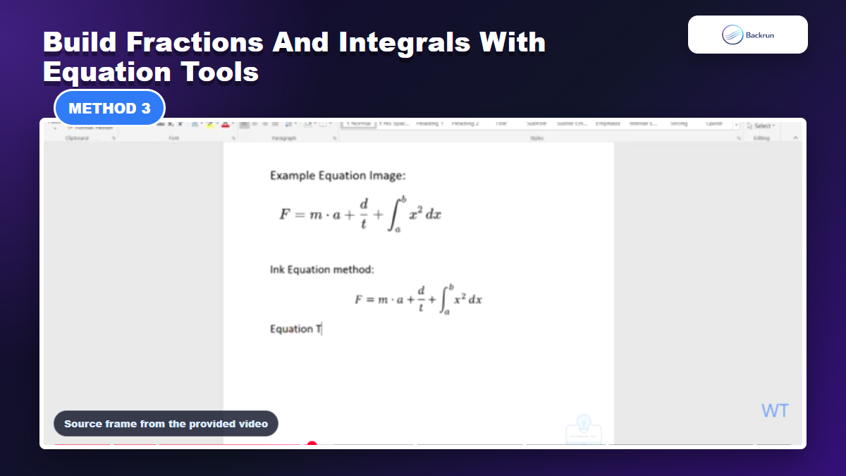 Video frame showing the Equation Tools workflow in Word