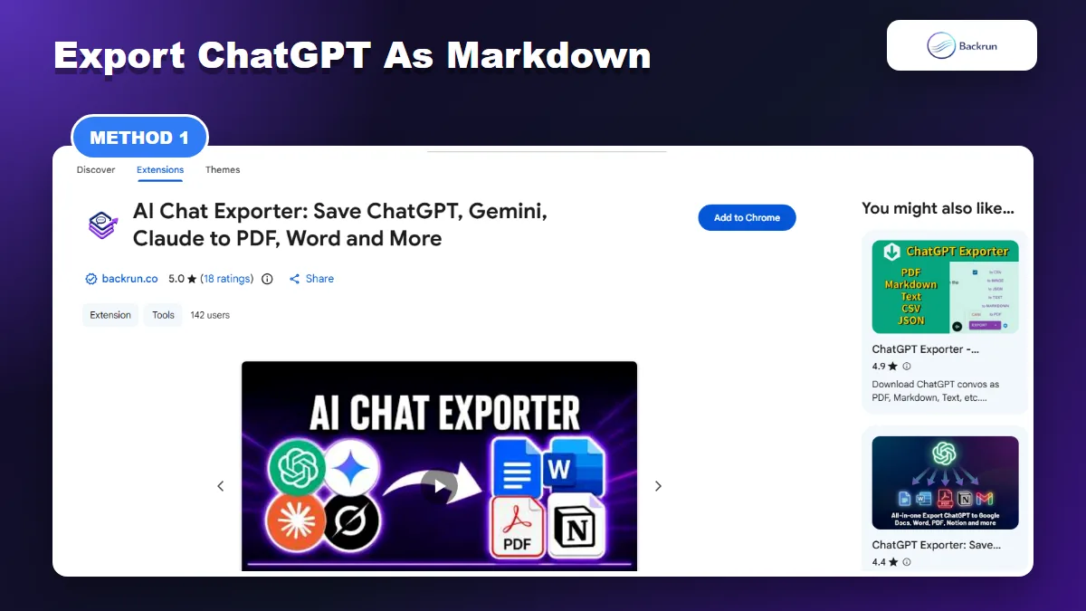 Chrome Web Store listing for AI Chat Exporter by Backrun