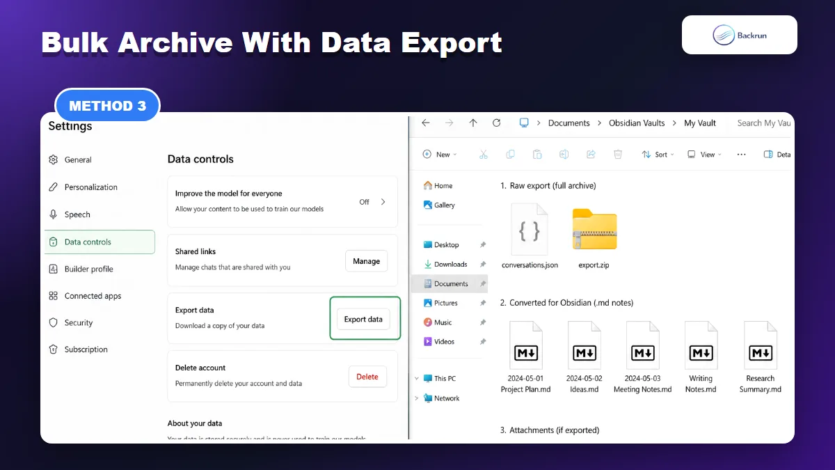 Capture style image showing ChatGPT data export converted into Markdown files for an Obsidian vault