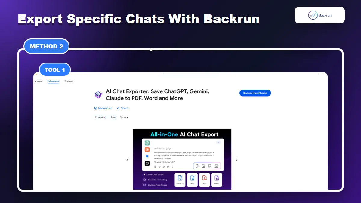 AI Chat Exporter by Backrun page showing export options for ChatGPT and Claude