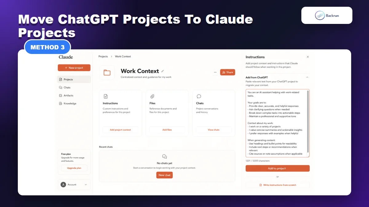 Claude Projects screen showing project instructions imported from ChatGPT context
