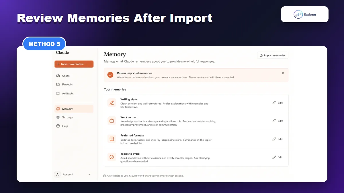 Claude memory list with edit buttons for reviewing imported memories