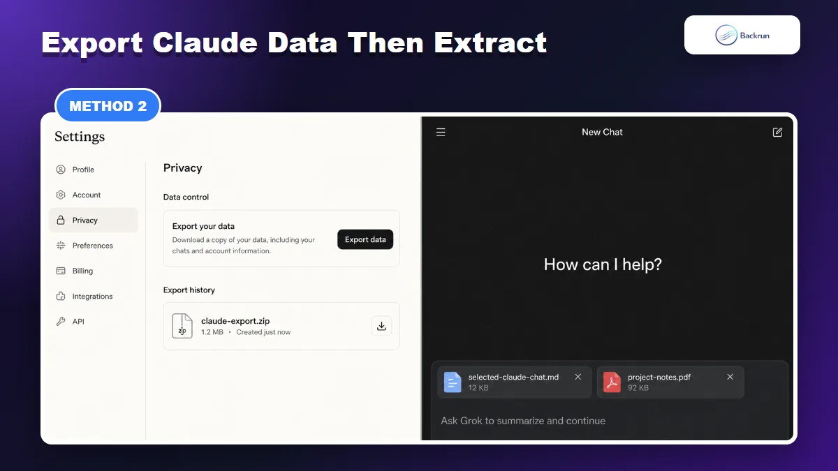 Claude data export ZIP shown beside selected Markdown and PDF files attached in Grok AI