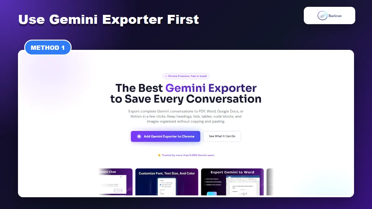Gemini Exporter page showing export options for Gemini conversations