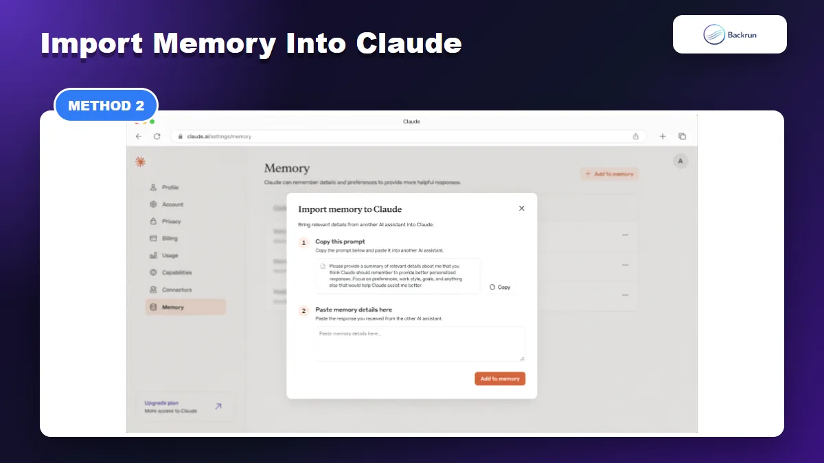 Claude import memory dialog showing a prompt field and Add to memory button