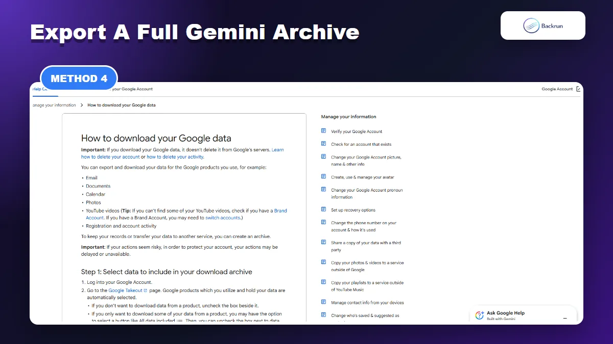 Google Account Help page explaining how to download Google data with Google Takeout