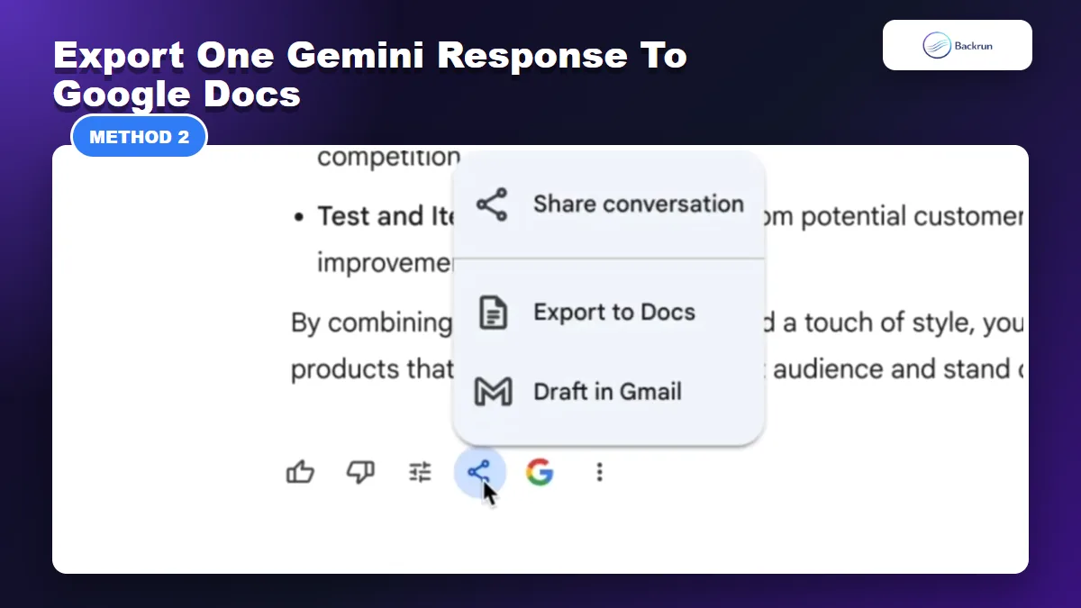 Gemini response export menu showing the Google Docs option