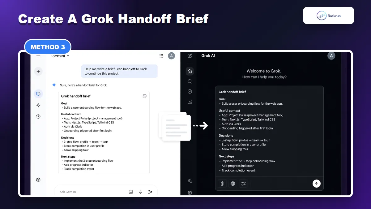 Gemini creating a Grok handoff brief that is pasted into Grok AI