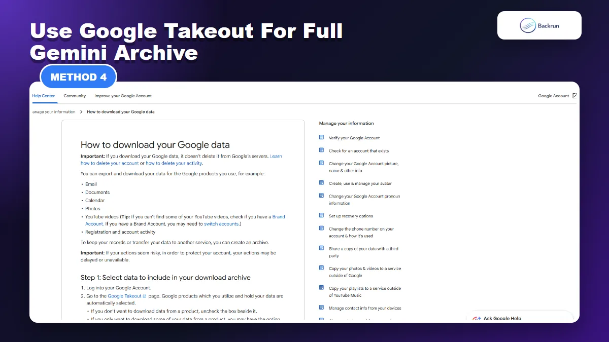 Google Takeout page used to export Gemini activity data