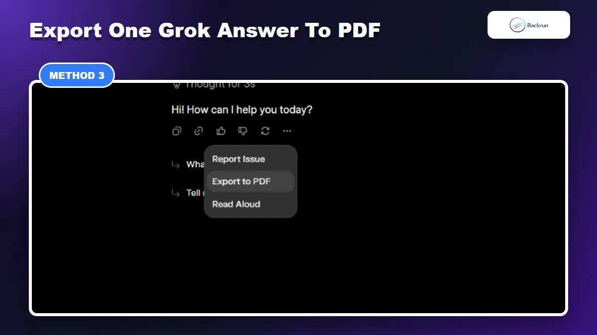 Grok answer menu showing the built-in Export to PDF command