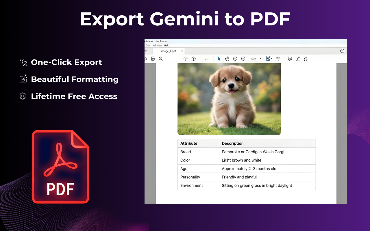 Gemini to PDF extension interface — export panel open on a Gemini conversation showing PDF, Word, Google Docs and Notion options
