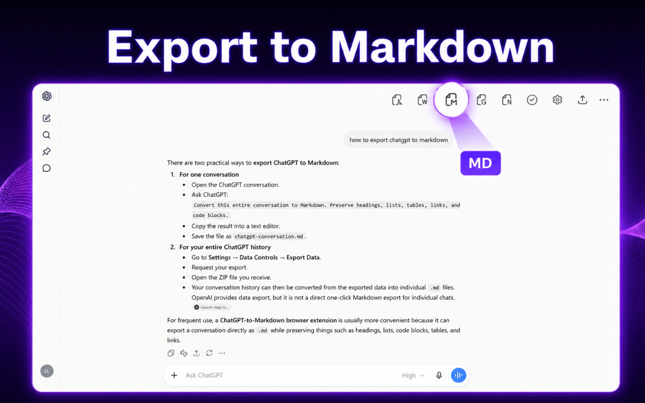 ChatGPT to Markdown Extension exporting a ChatGPT conversation to a .md file