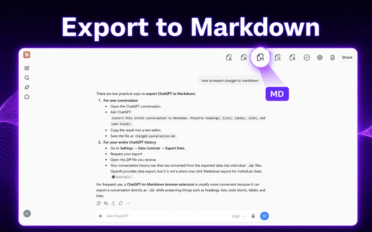 Claude to Markdown Extension export interface