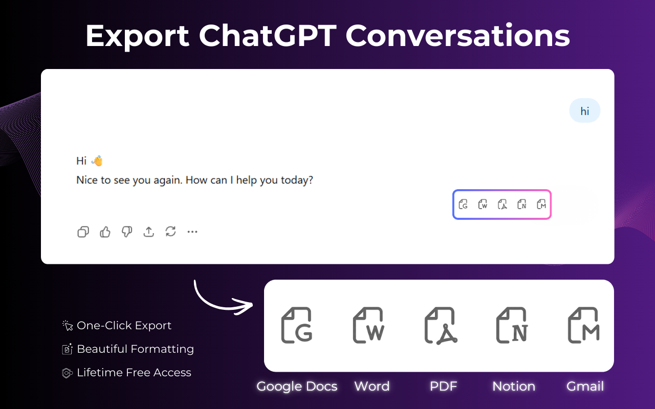 ChatGPT to Google Docs Extension overview showing export options