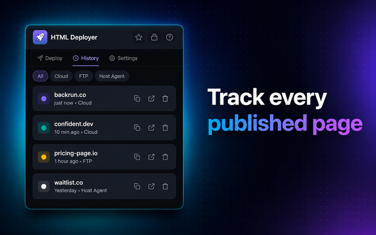AI code to website deployment history with published pages and live website links