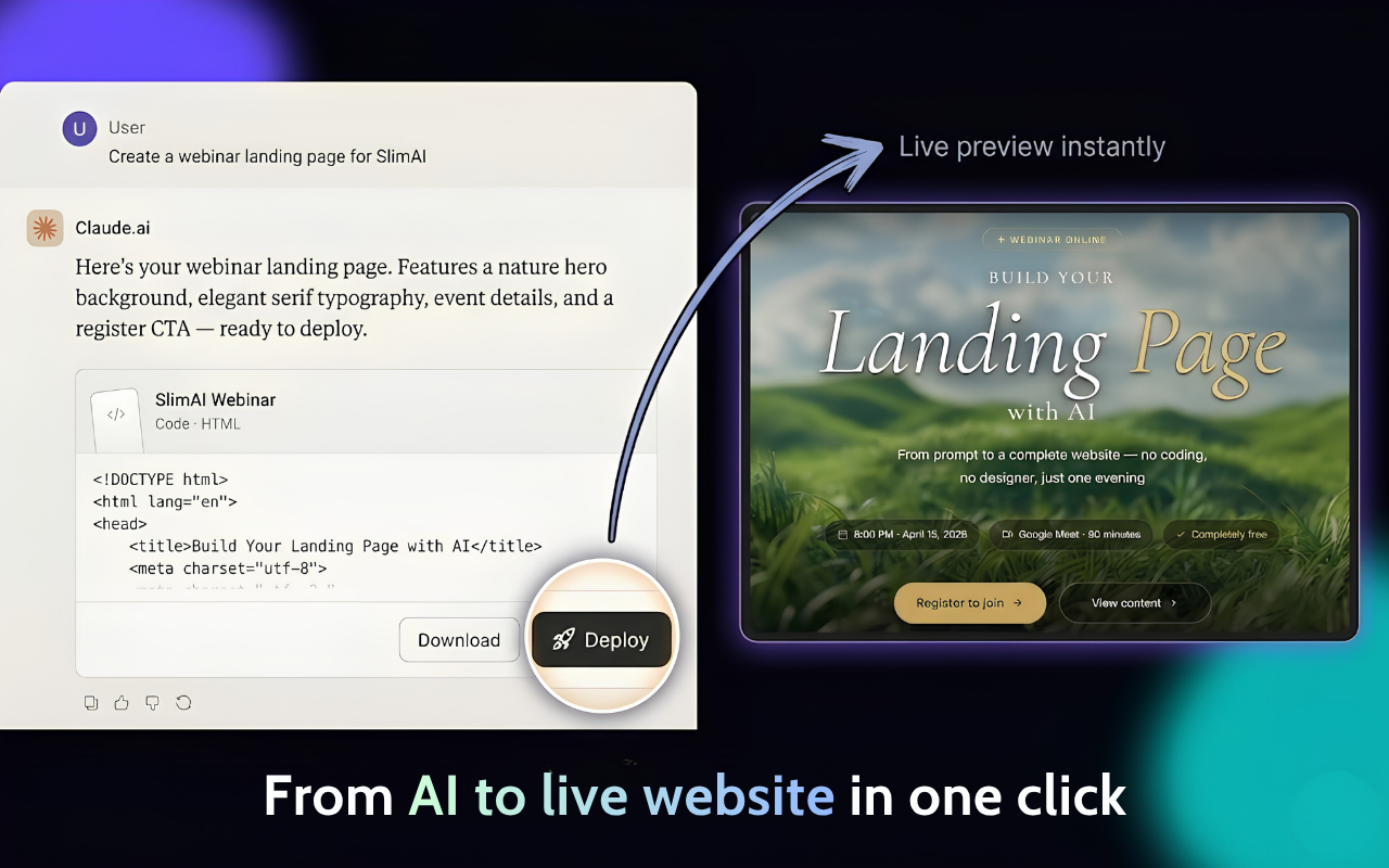 HTML to Website extension automatically detecting AI-generated HTML code block in a Claude conversation