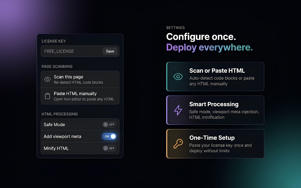 AI code to website extension settings for HTML scanning, safe mode, viewport meta, and HTML minification
